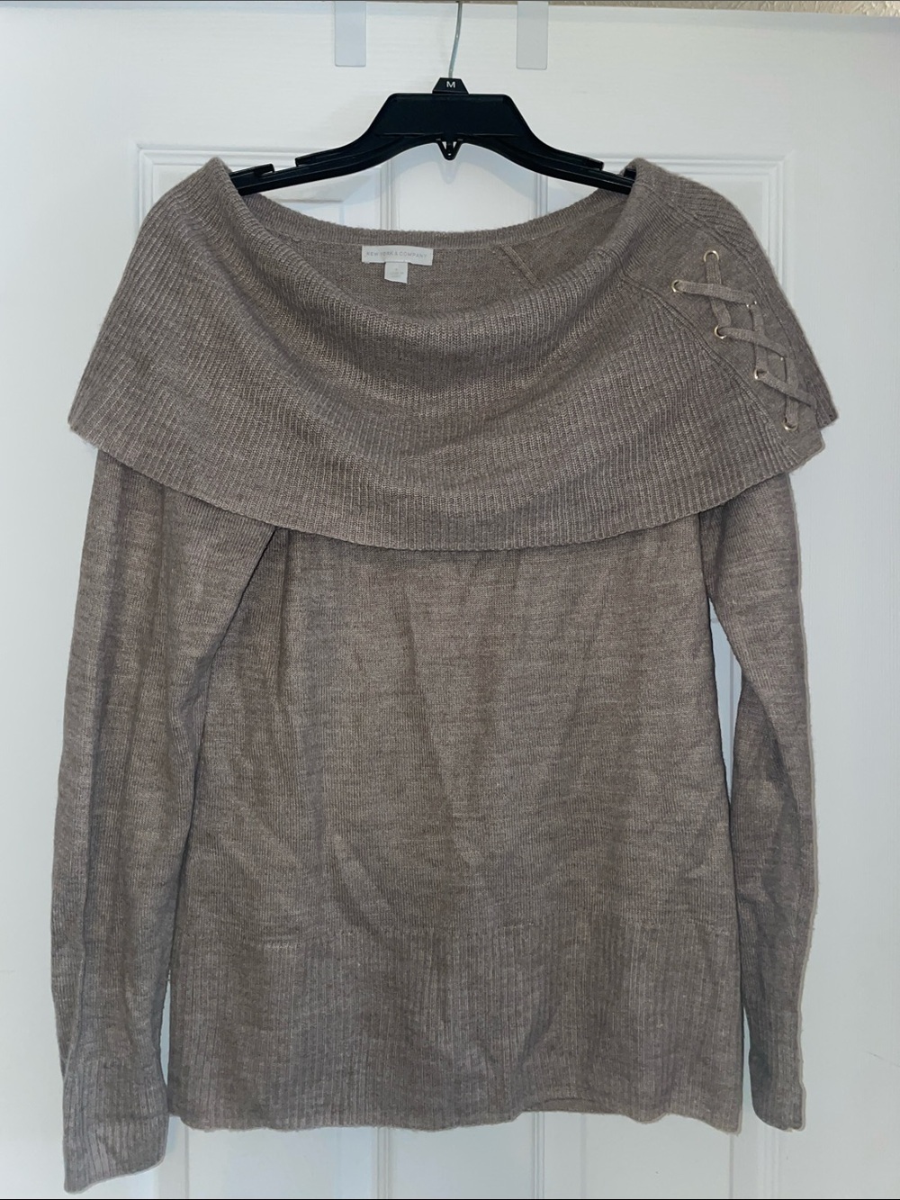 New York & Company Off-Shoulder Lace-Up Taupe Women's Sweater